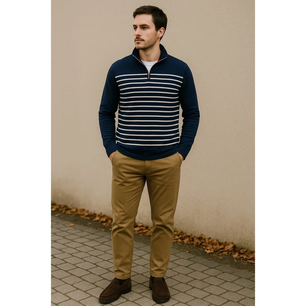 Modern Prep Coastal Stripe‎ Quarter Zip Pullover Navy Cotton Banana Republic M
